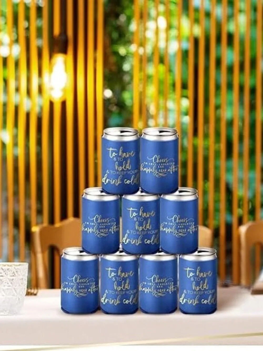 Festive Party Can Cooler, Wedding, Engagement, Bridal Shower, 50 Pcs Blue Gold